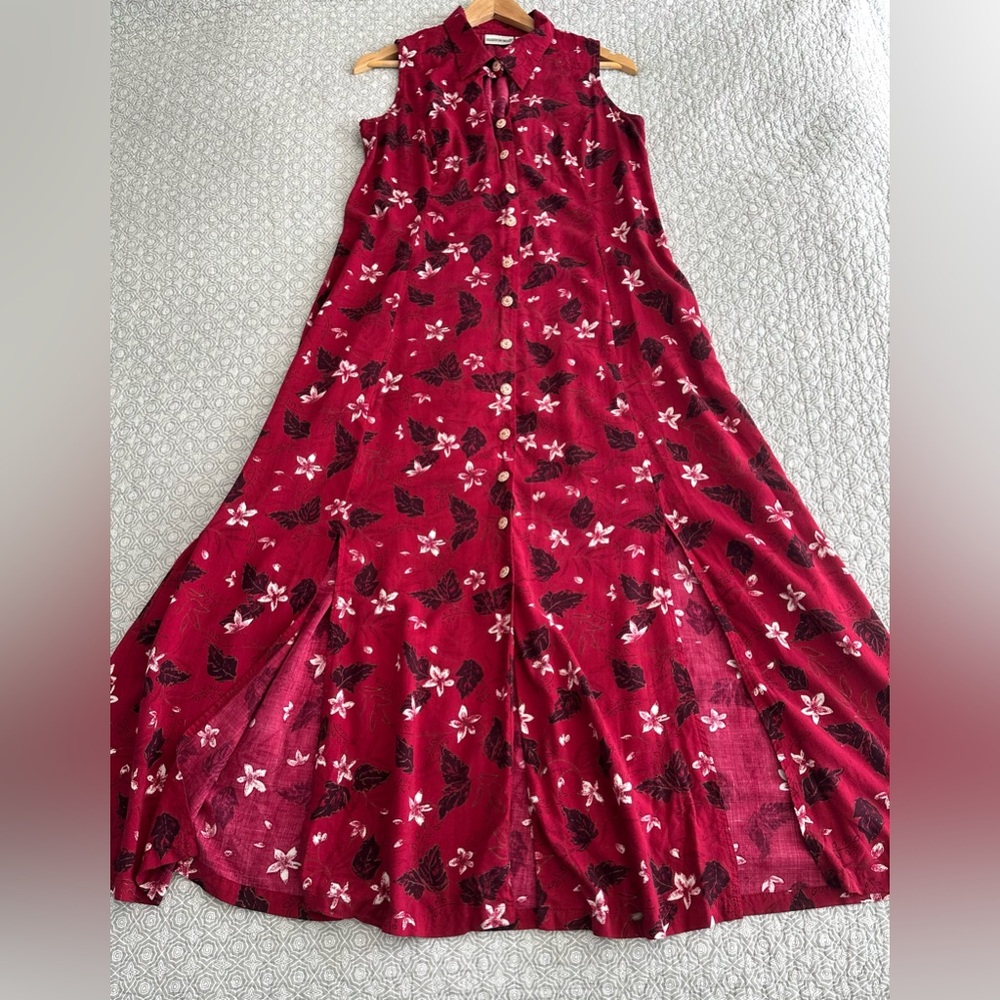 Vintage Fashion Bug Red Floral Dress Sleeveless Button Down Midi Maxi Size 14